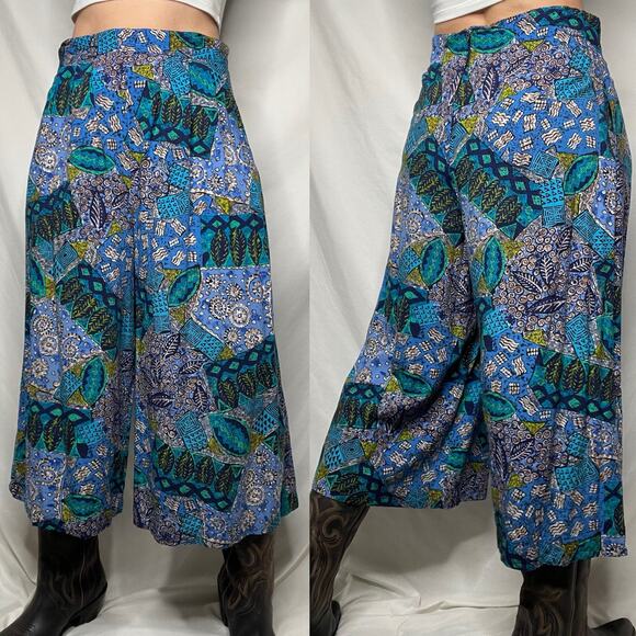 Vintage Pants - Vintage batik geometric patchwork print wide leg crop culotte palazzo pants blue